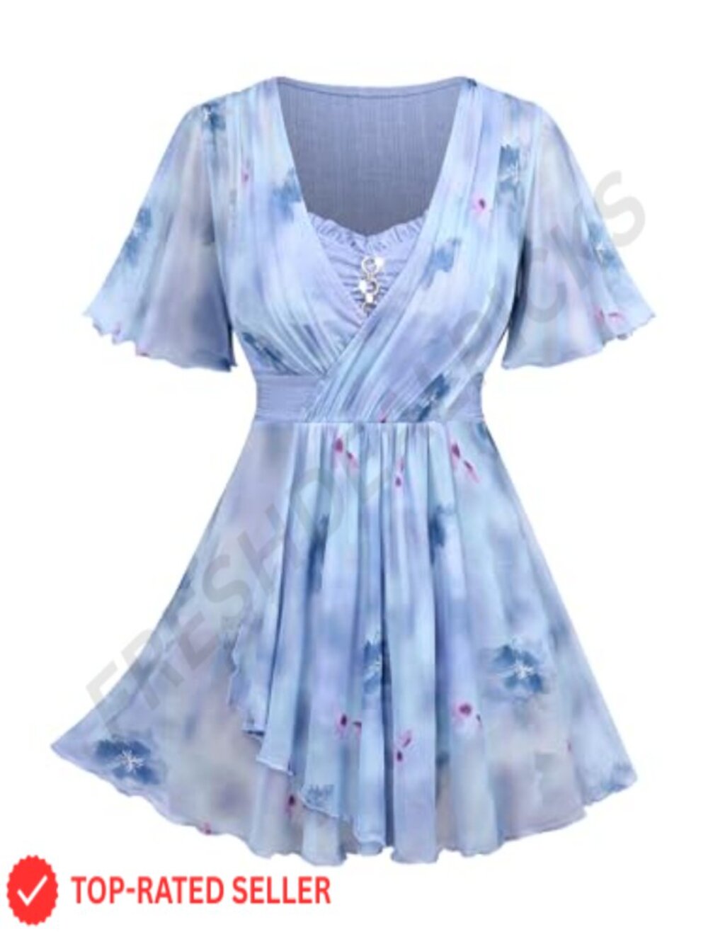 Plus Size Surplice Blouse Tunic Peplum Top Flowy Flutter Sleeve Elegant